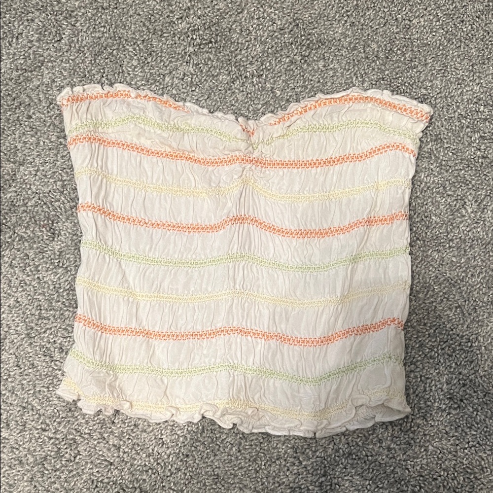 White striped ruffled tube top crop top